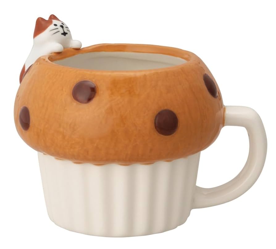 Large Muffin Mug with Cat – Hand-Painted Ceramic Cup | Cute Bakery-Style Coffee Mug | Japanese Design