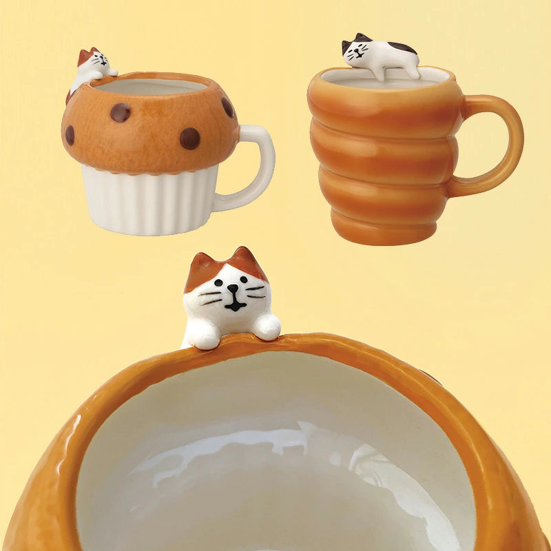 Large Muffin Mug with Cat – Hand-Painted Ceramic Cup | Cute Bakery-Style Coffee Mug | Japanese Design